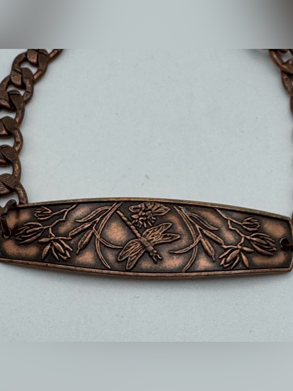 Copper Tone Dragonfly Floral Link Bracelet Nature Garden Cuff Style - Picture 4 of 7